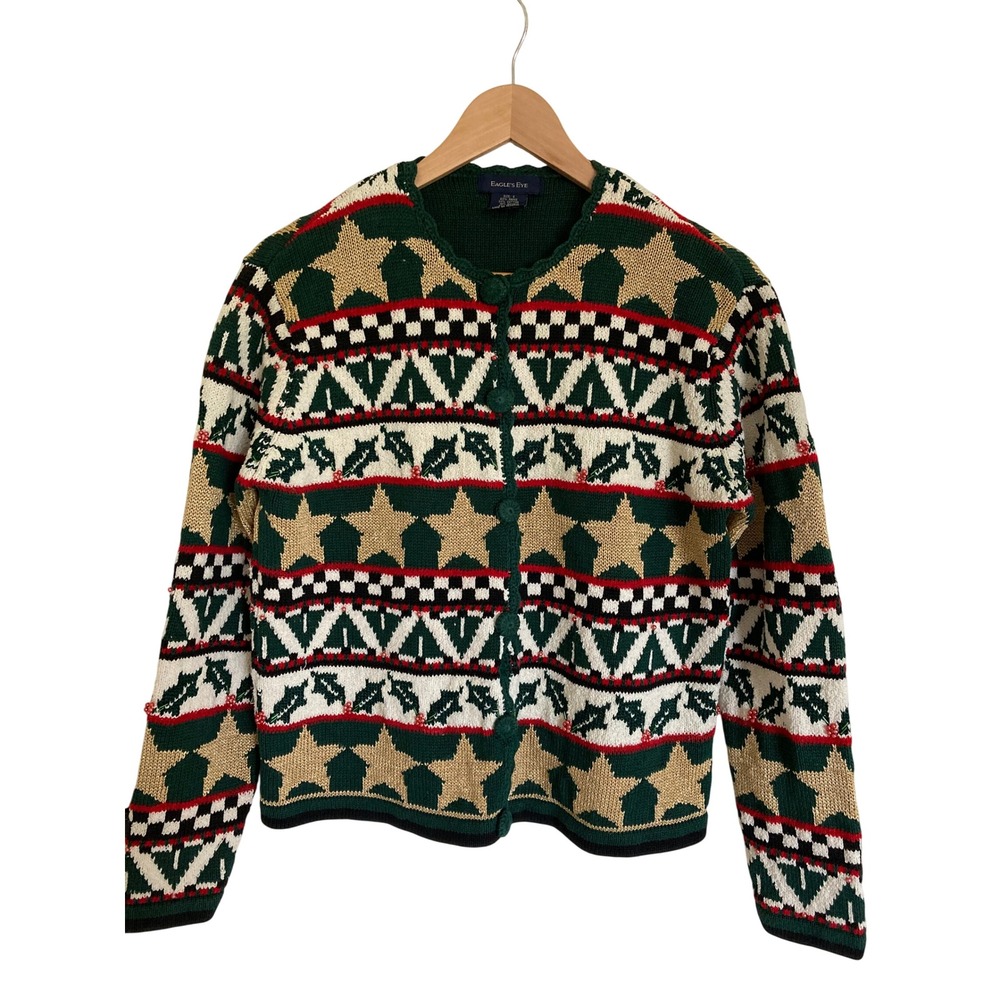 Eagles Eye Vintage Christmas Cardigan Beaded Star Holly Green Red Gold Small